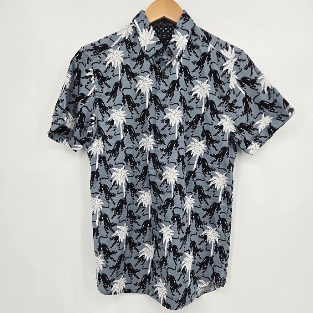 Ted Baker Panther Palm Tree Short Sleeve Button Up Shirt Casual Luxury Size 2
